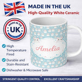 Personalized Custom Name Kawaii White Hamster Blue Background Seamless Pattern Lovely 11oz Ceramic Coffee Tea Mug White Large Handle