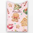 Cute Gingerbread Man Christmas Tree Candy Holiday Pattern Pink  Personalised Custom Name Super Soft Fleece Blanket Bed Sofa Throw