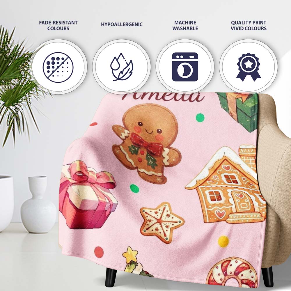 Cute Gingerbread Man Christmas Tree Candy Holiday Pattern Pink  Personalised Custom Name Super Soft Fleece Blanket Bed Sofa Throw