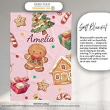 Cute Gingerbread Man Christmas Tree Candy Holiday Pattern Pink  Personalised Custom Name Super Soft Fleece Blanket Bed Sofa Throw