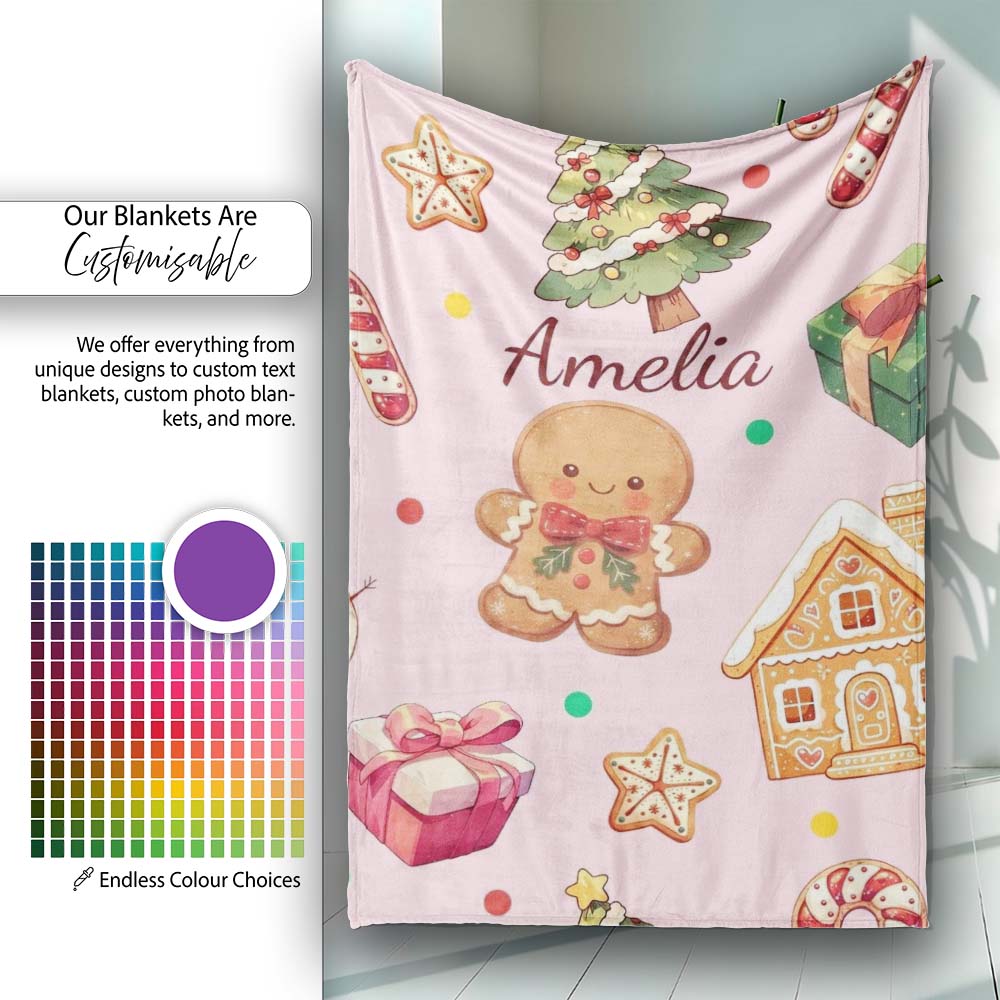 Cute Gingerbread Man Christmas Tree Candy Holiday Pattern Pink  Personalised Custom Name Super Soft Fleece Blanket Bed Sofa Throw