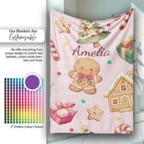 Cute Gingerbread Man Christmas Tree Candy Holiday Pattern Pink  Personalised Custom Name Super Soft Fleece Blanket Bed Sofa Throw
