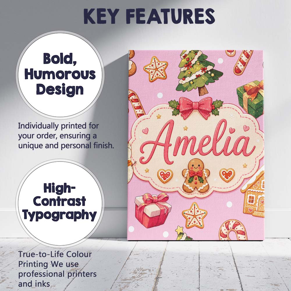 Personalised Name Cute Gingerbread Man Custom  Modern Room Accent Elegant Feature Canvas Wall Art Print Decor Picture Ready to Hang