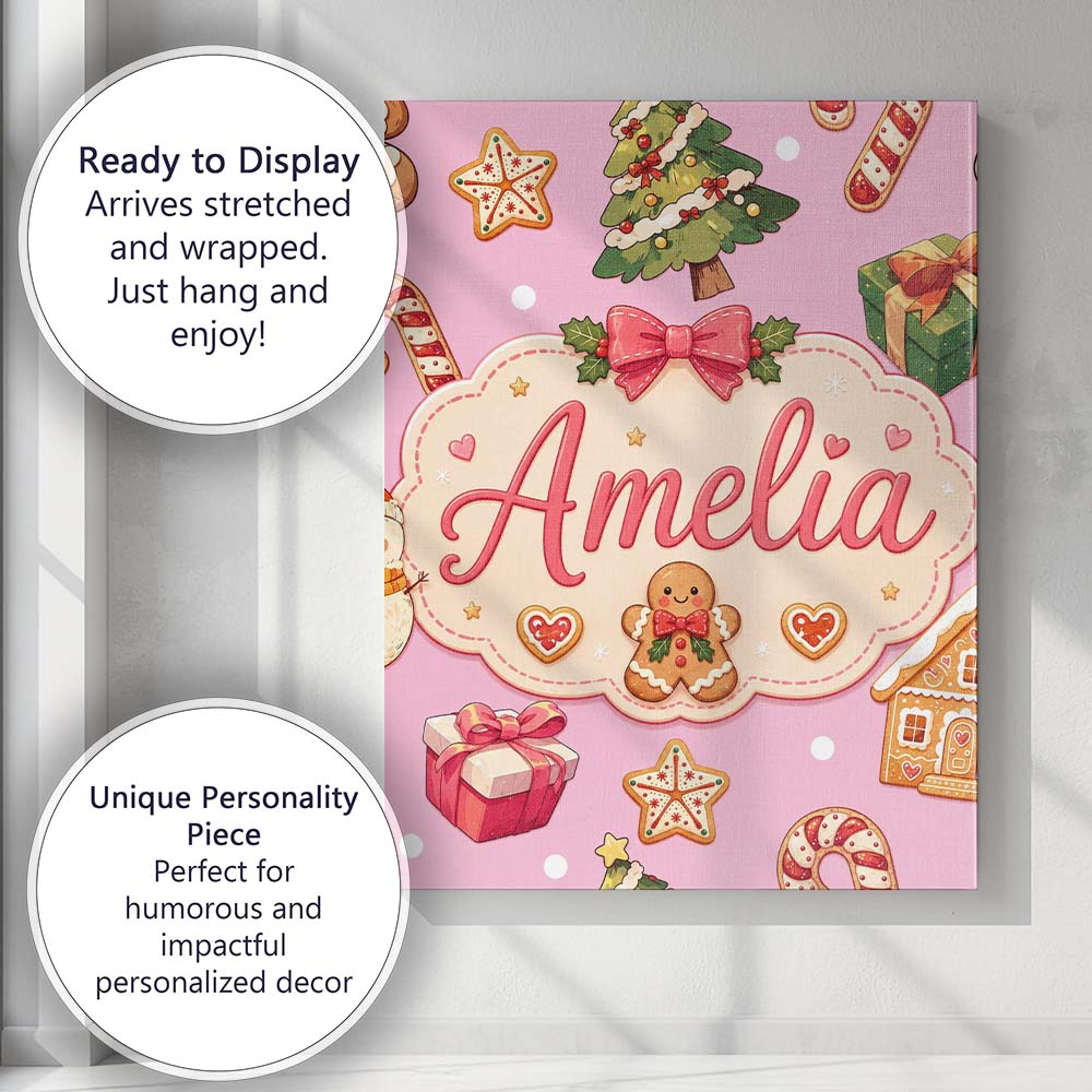 Personalised Name Cute Gingerbread Man Custom  Modern Room Accent Elegant Feature Canvas Wall Art Print Decor Picture Ready to Hang