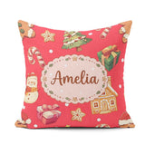 Custom Name Gingerbread Man Tree Candy Cane Holiday Pattern Red Square Filled Cushion Throw Pillow Sofa Bed Home Decor Zip Washable UK Made