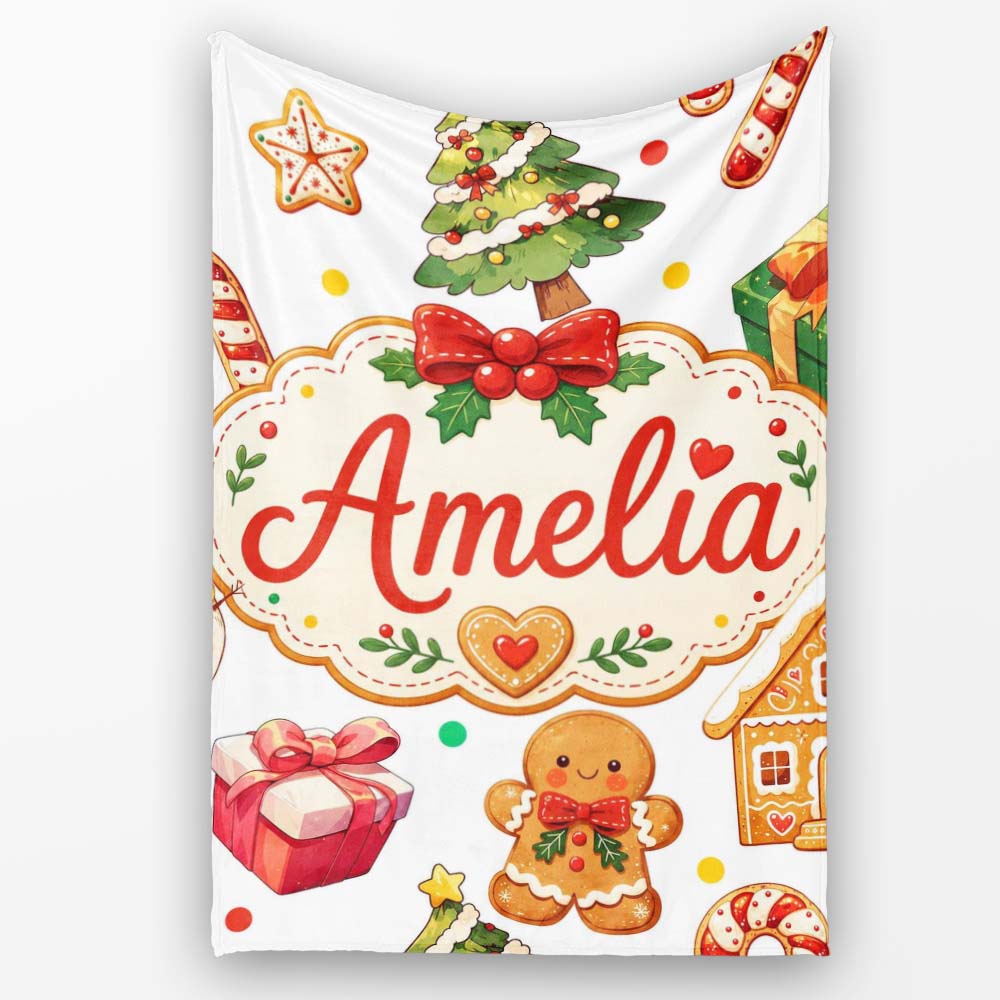 Cute Gingerbread Man Christmas Tree Candy Cane Holiday Pattern Grey  Personalised Custom Name Super Soft Fleece Blanket Bed Sofa Throw