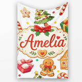 Cute Gingerbread Man Christmas Tree Candy Cane Holiday Pattern Grey  Personalised Custom Name Super Soft Fleece Blanket Bed Sofa Throw