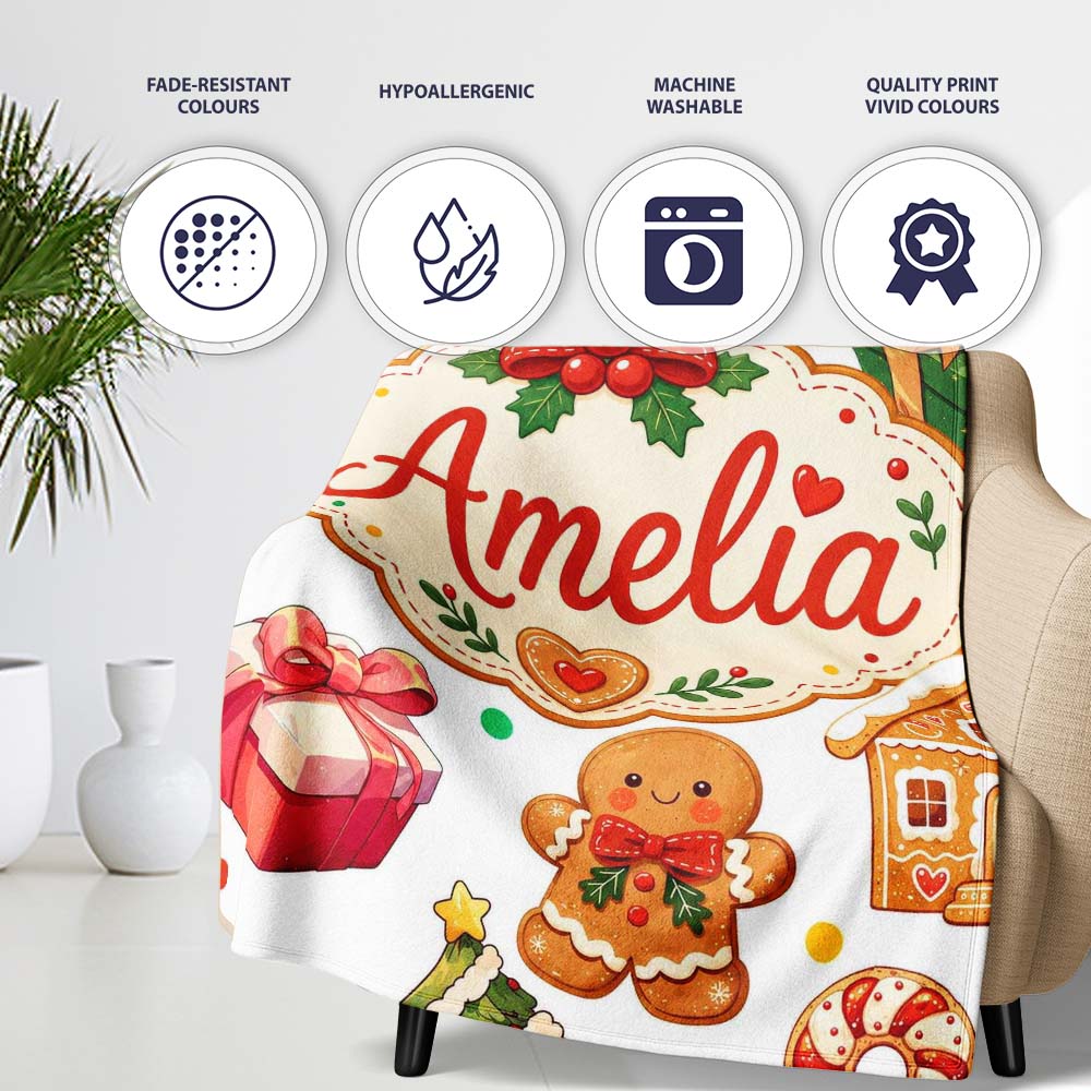Cute Gingerbread Man Christmas Tree Candy Cane Holiday Pattern Grey  Personalised Custom Name Super Soft Fleece Blanket Bed Sofa Throw