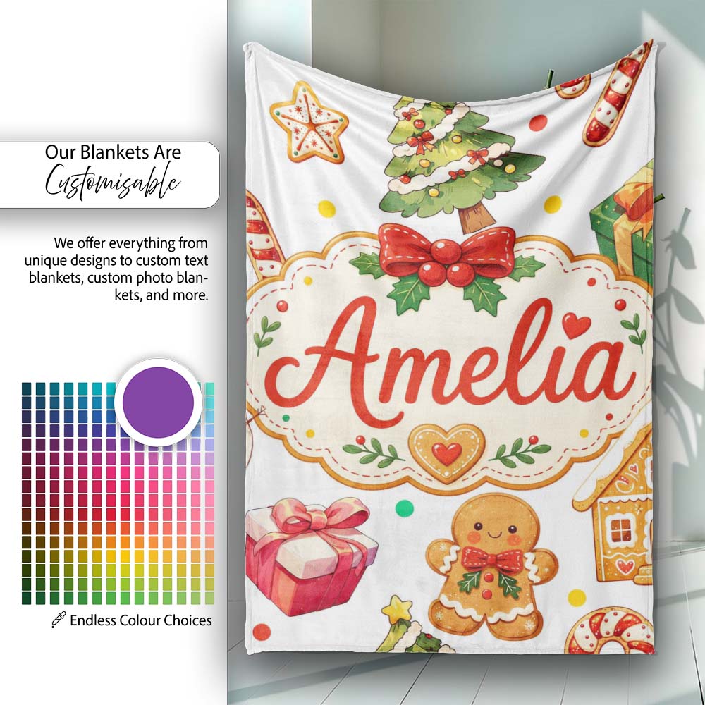 Cute Gingerbread Man Christmas Tree Candy Cane Holiday Pattern Grey  Personalised Custom Name Super Soft Fleece Blanket Bed Sofa Throw