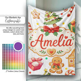 Cute Gingerbread Man Christmas Tree Candy Cane Holiday Pattern Grey  Personalised Custom Name Super Soft Fleece Blanket Bed Sofa Throw