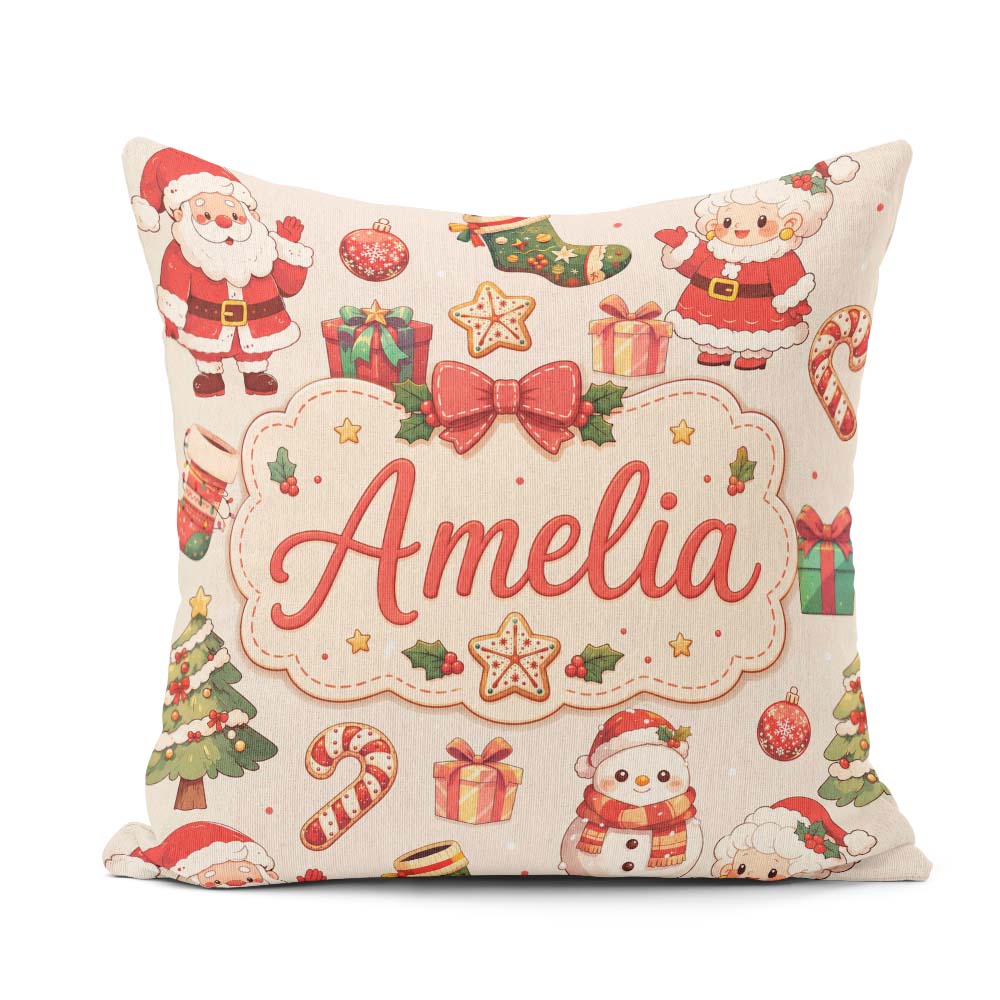 Custom Name Cute Santa Claus Mrs Claus Snowman Christmas Pattern Square Filled Cushion Throw Pillow Sofa Bed Home Decor Zip Washable UK Made