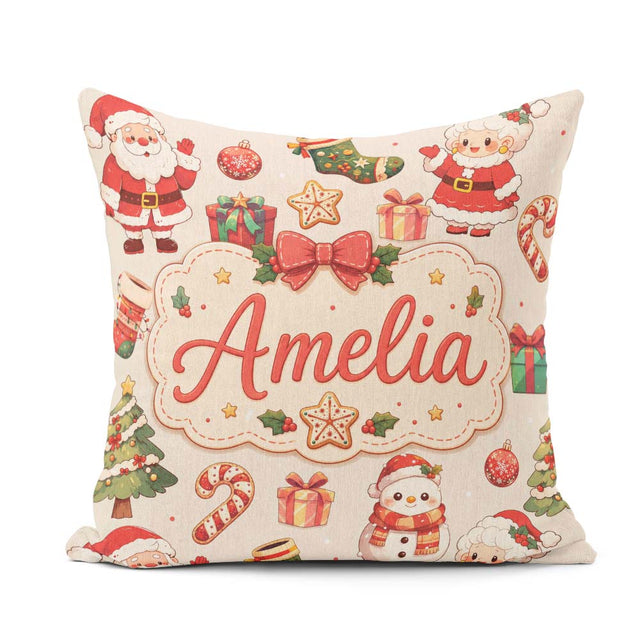 Custom Name Cute Santa Claus Mrs Claus Snowman Christmas Pattern Square Filled Cushion Throw Pillow Sofa Bed Home Decor Zip Washable UK Made
