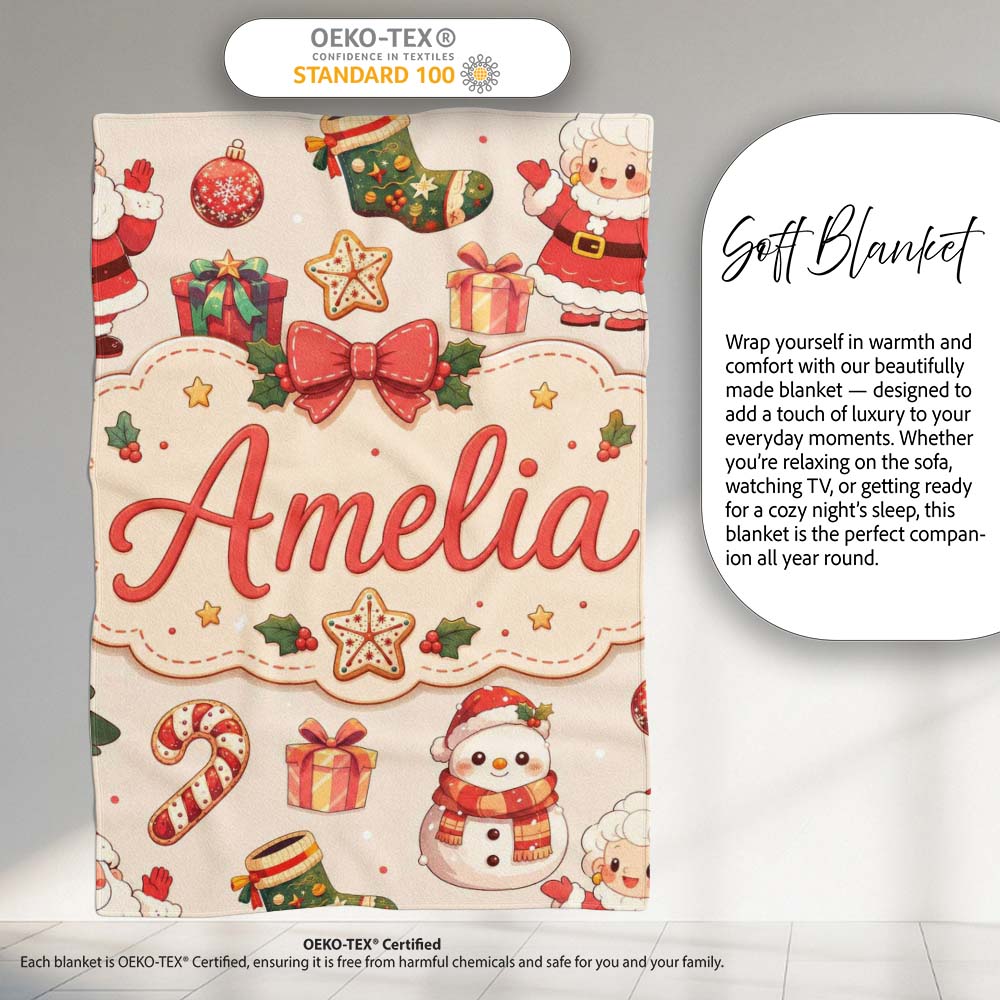 Cute Santa Claus Mrs Claus Snowman Christmas Gift Pattern Cream  Personalised Custom Name Super Soft Fleece Blanket Bed Sofa Throw