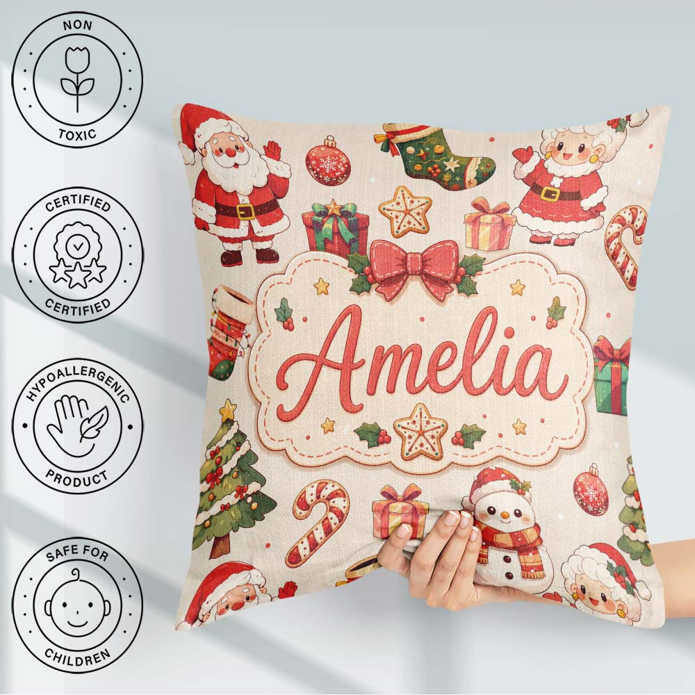 Custom Name Cute Santa Claus Mrs Claus Snowman Christmas Pattern Square Filled Cushion Throw Pillow Sofa Bed Home Decor Zip Washable UK Made