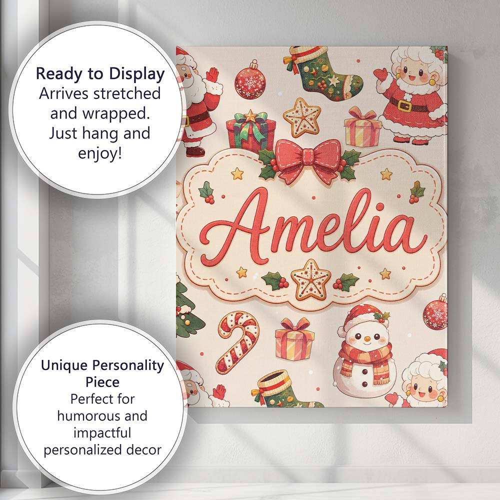 Personalised Name Cute Santa Claus Mrs Custom  Modern Room Accent Elegant Feature Canvas Wall Art Print Decor Picture Ready to Hang