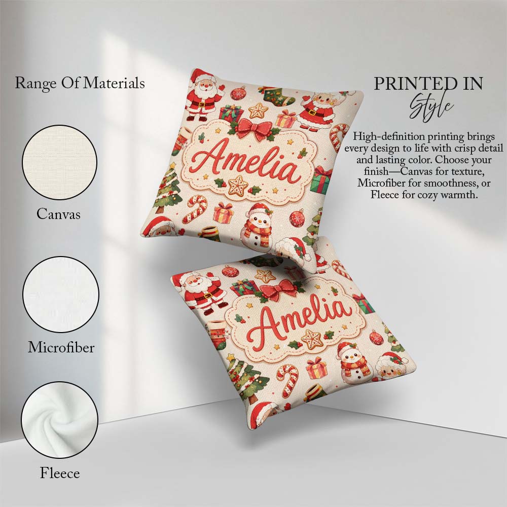 Custom Name Cute Santa Claus Mrs Claus Snowman Christmas Pattern Square Filled Cushion Throw Pillow Sofa Bed Home Decor Zip Washable UK Made