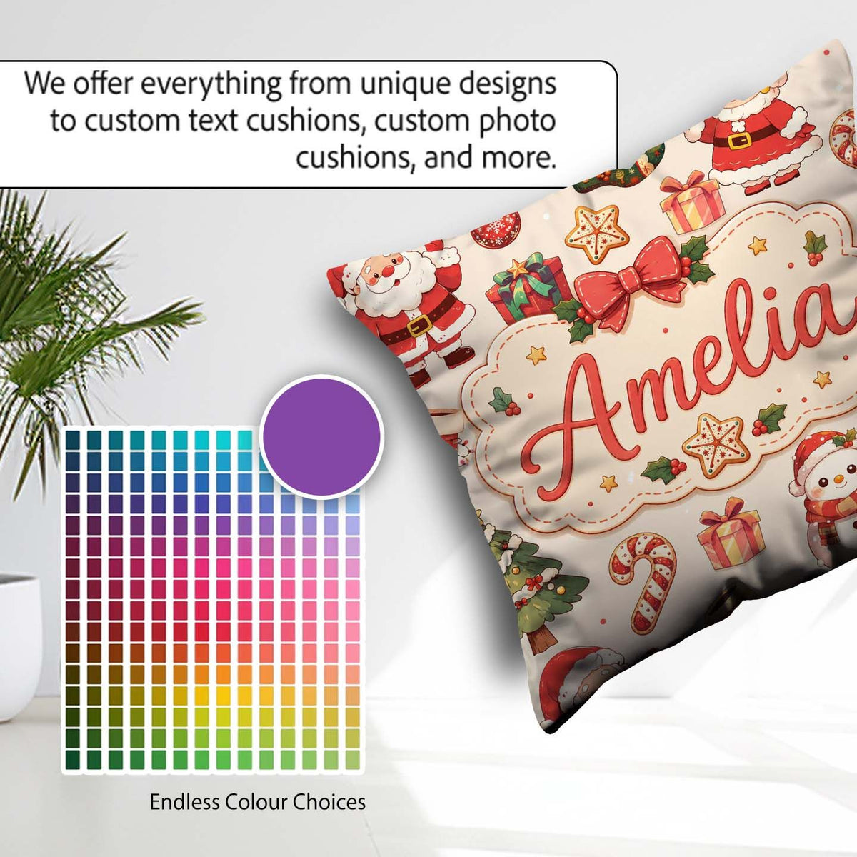 Custom Name Cute Santa Claus Mrs Claus Snowman Christmas Pattern Square Filled Cushion Throw Pillow Sofa Bed Home Decor Zip Washable UK Made