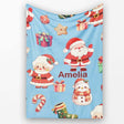 Cute Santa Claus Mrs Claus Snowman Christmas Gift Pattern Blue  Personalised Custom Name Super Soft Fleece Blanket Bed Sofa Throw
