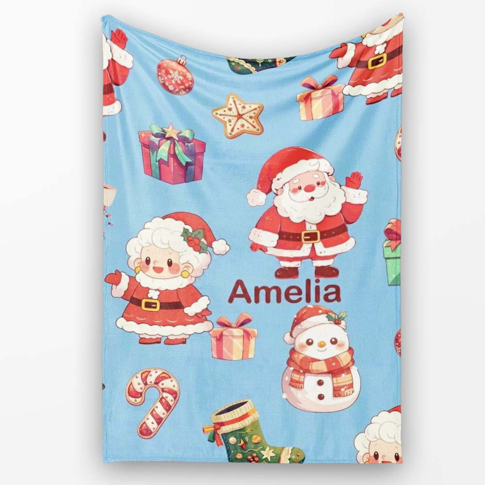 Cute Santa Claus Mrs Claus Snowman Christmas Gift Pattern Blue  Personalised Custom Name Super Soft Fleece Blanket Bed Sofa Throw
