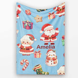 Cute Santa Claus Mrs Claus Snowman Christmas Gift Pattern Blue  Personalised Custom Name Super Soft Fleece Blanket Bed Sofa Throw