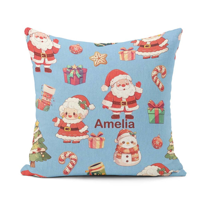 Custom Name Santa Claus Mrs Claus Snowman Christmas Pattern Blue Square Filled Cushion Throw Pillow Sofa Bed Home Decor Zip Washable UK Made