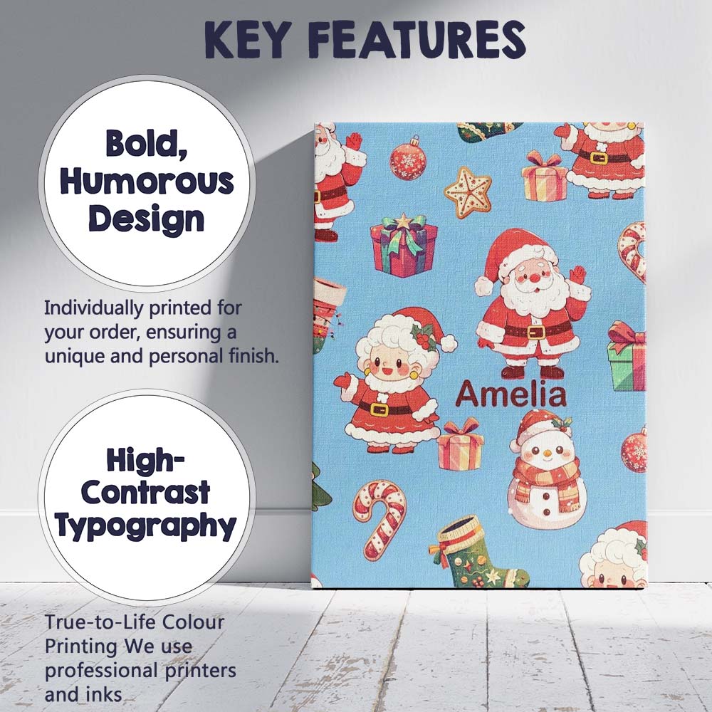 Personalised Name Cute Santa Claus Mrs Custom  Modern Room Accent Elegant Feature Canvas Wall Art Print Decor Picture Ready to Hang