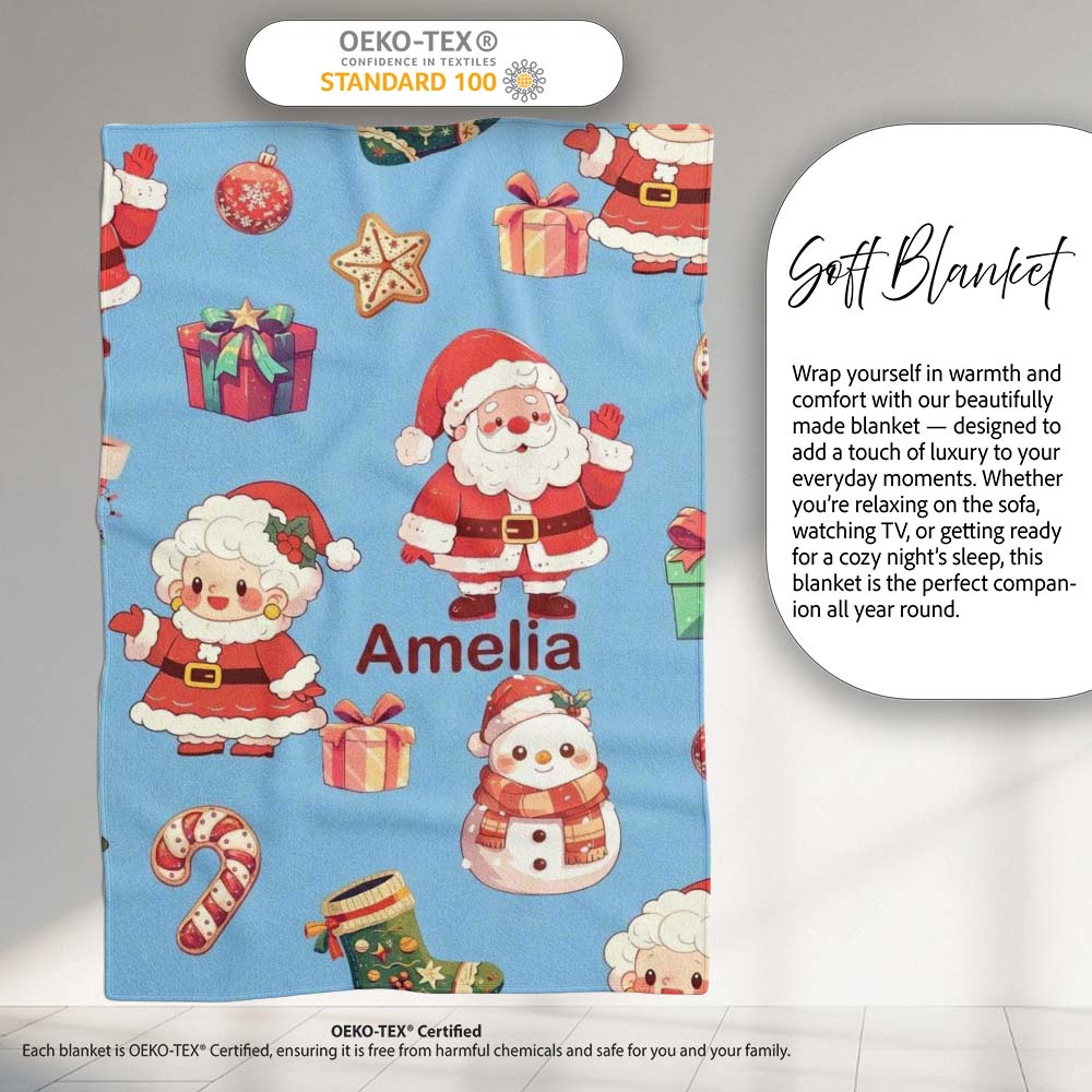 Cute Santa Claus Mrs Claus Snowman Christmas Gift Pattern Blue  Personalised Custom Name Super Soft Fleece Blanket Bed Sofa Throw