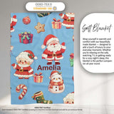 Cute Santa Claus Mrs Claus Snowman Christmas Gift Pattern Blue  Personalised Custom Name Super Soft Fleece Blanket Bed Sofa Throw