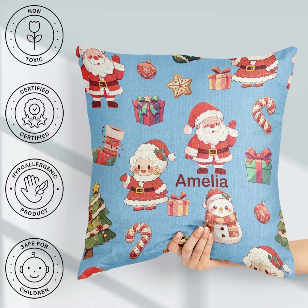 Custom Name Santa Claus Mrs Claus Snowman Christmas Pattern Blue Square Filled Cushion Throw Pillow Sofa Bed Home Decor Zip Washable UK Made
