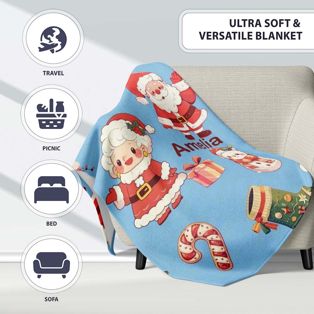 Cute Santa Claus Mrs Claus Snowman Christmas Gift Pattern Blue  Personalised Custom Name Super Soft Fleece Blanket Bed Sofa Throw