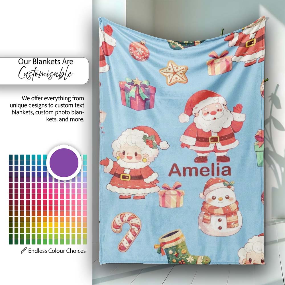 Cute Santa Claus Mrs Claus Snowman Christmas Gift Pattern Blue  Personalised Custom Name Super Soft Fleece Blanket Bed Sofa Throw