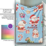 Cute Santa Claus Mrs Claus Snowman Christmas Gift Pattern Blue  Personalised Custom Name Super Soft Fleece Blanket Bed Sofa Throw