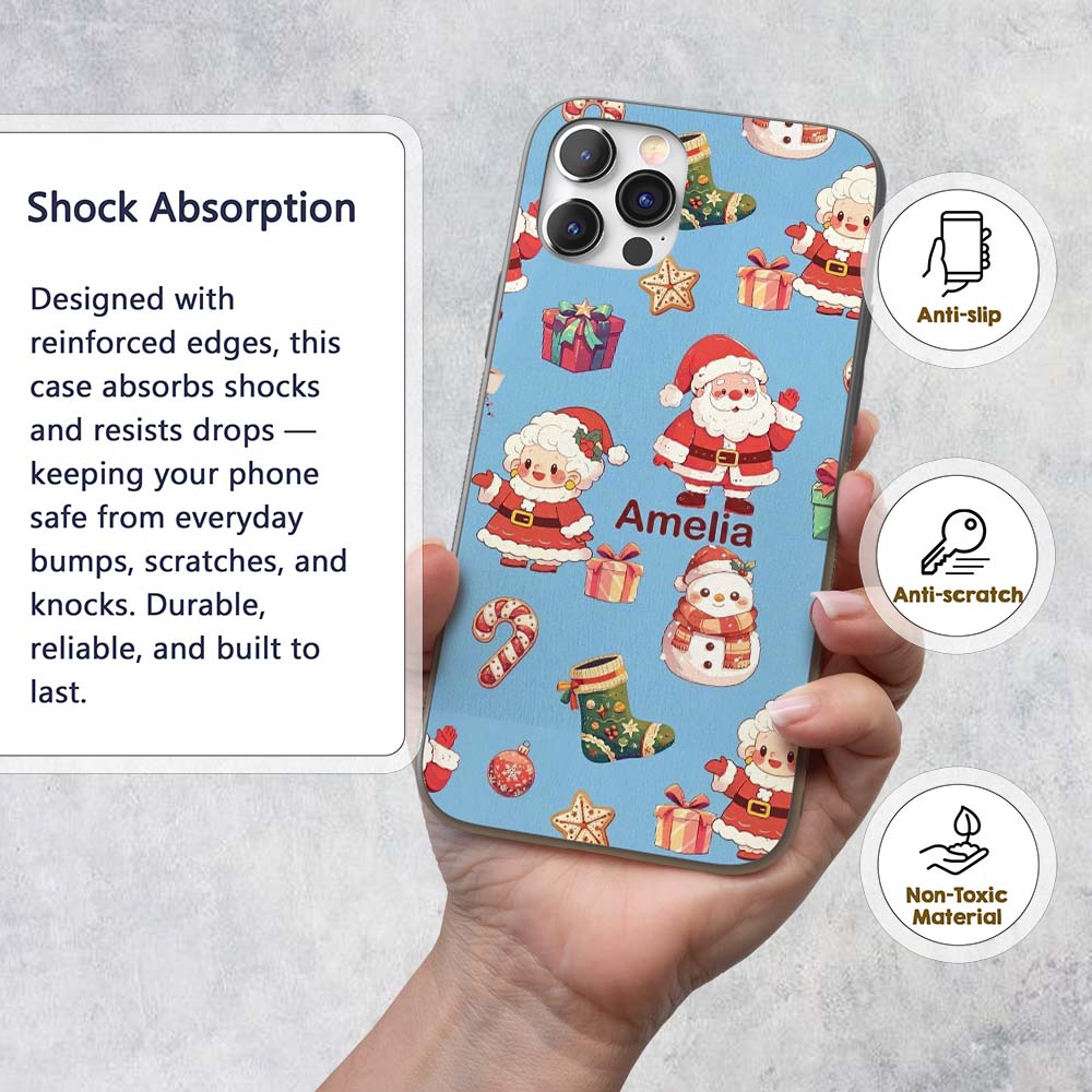 Cute Santa Claus Mrs Claus Snowman Christmas Gift Custom Name Protective Phone Case Mobile Cover Durable Everyday Smartphone Shock Resistant