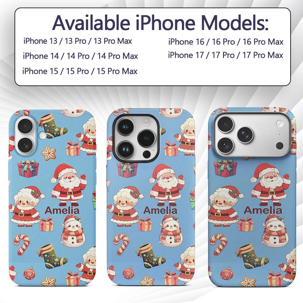Cute Santa Claus Mrs Claus Snowman Christmas Gift Custom Name Protective Phone Case Mobile Cover Durable Everyday Smartphone Shock Resistant