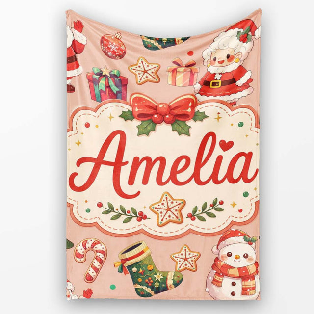 Cute Santa Claus Mrs Claus Snowman Christmas Gift Pattern Peach  Personalised Custom Name Super Soft Fleece Blanket Bed Sofa Throw