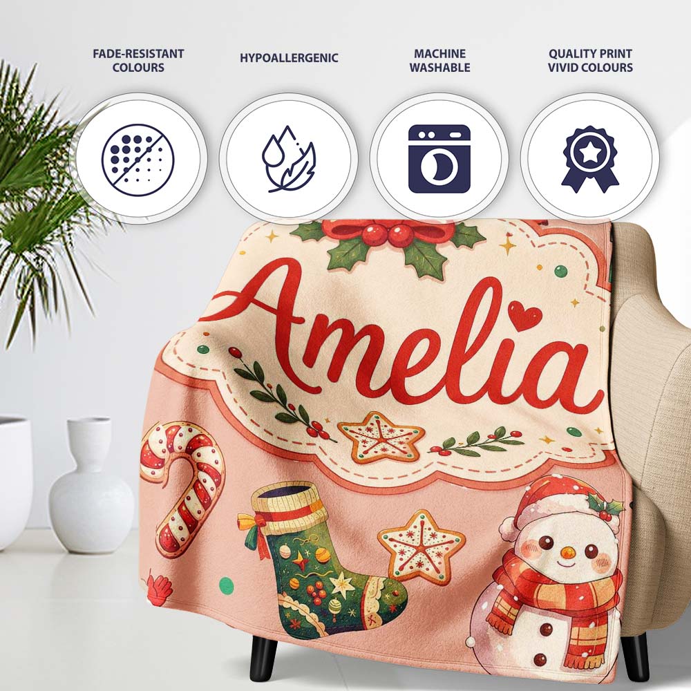 Cute Santa Claus Mrs Claus Snowman Christmas Gift Pattern Peach  Personalised Custom Name Super Soft Fleece Blanket Bed Sofa Throw