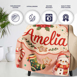 Cute Santa Claus Mrs Claus Snowman Christmas Gift Pattern Peach  Personalised Custom Name Super Soft Fleece Blanket Bed Sofa Throw