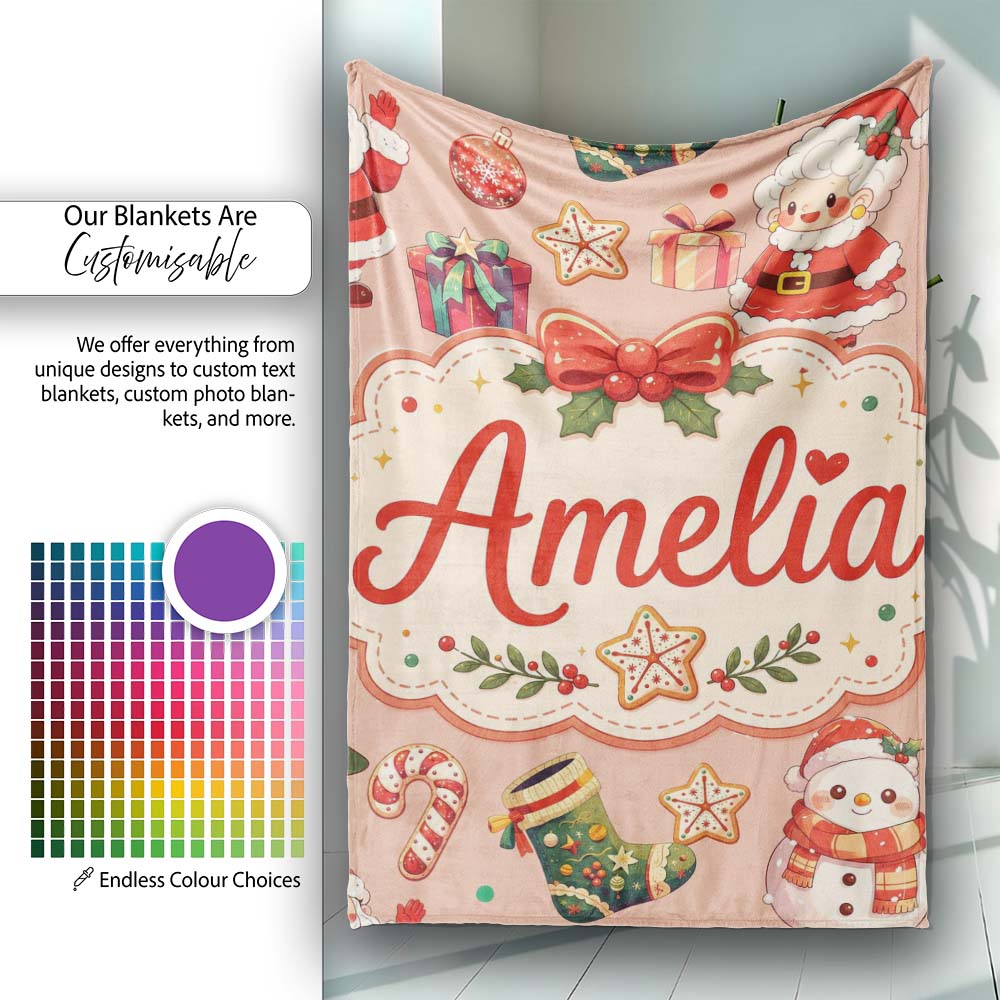 Cute Santa Claus Mrs Claus Snowman Christmas Gift Pattern Peach  Personalised Custom Name Super Soft Fleece Blanket Bed Sofa Throw