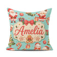 Custom Name Santa Claus Mrs Claus Snowman Christmas Pattern Teal Square Filled Cushion Throw Pillow Sofa Bed Home Decor Zip Washable UK Made