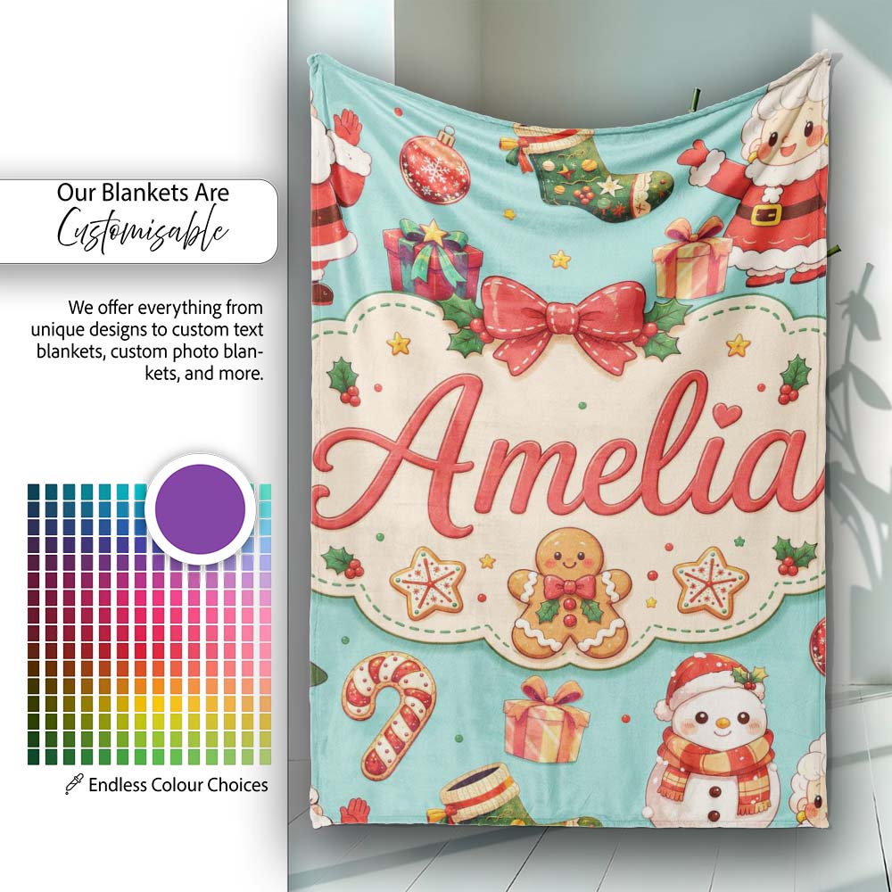 Cute Santa Claus Mrs Claus Snowman Christmas Gift Pattern Teal  Personalised Custom Name Super Soft Fleece Blanket Bed Sofa Throw