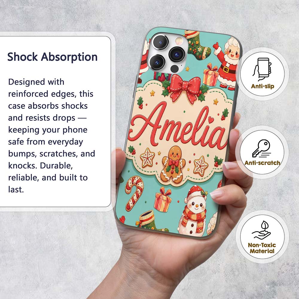 Cute Santa Claus Mrs Claus Snowman Christmas Gift Custom Name Protective Phone Case Mobile Cover Durable Everyday Smartphone Shock Resistant