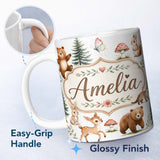 Personalized Custom Name Forest Animals Bear Deer Fox Owl Raccoon on Soft Grey Seamless 11oz Ceramic Coffee Tea Mug White Large Handle