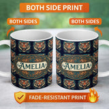 Personalized Custom Name Roaring Tiger Head Bold Wildlife Seamless Pattern Cute Unique Gift 11oz Ceramic Coffee Tea Mug White Large Handle