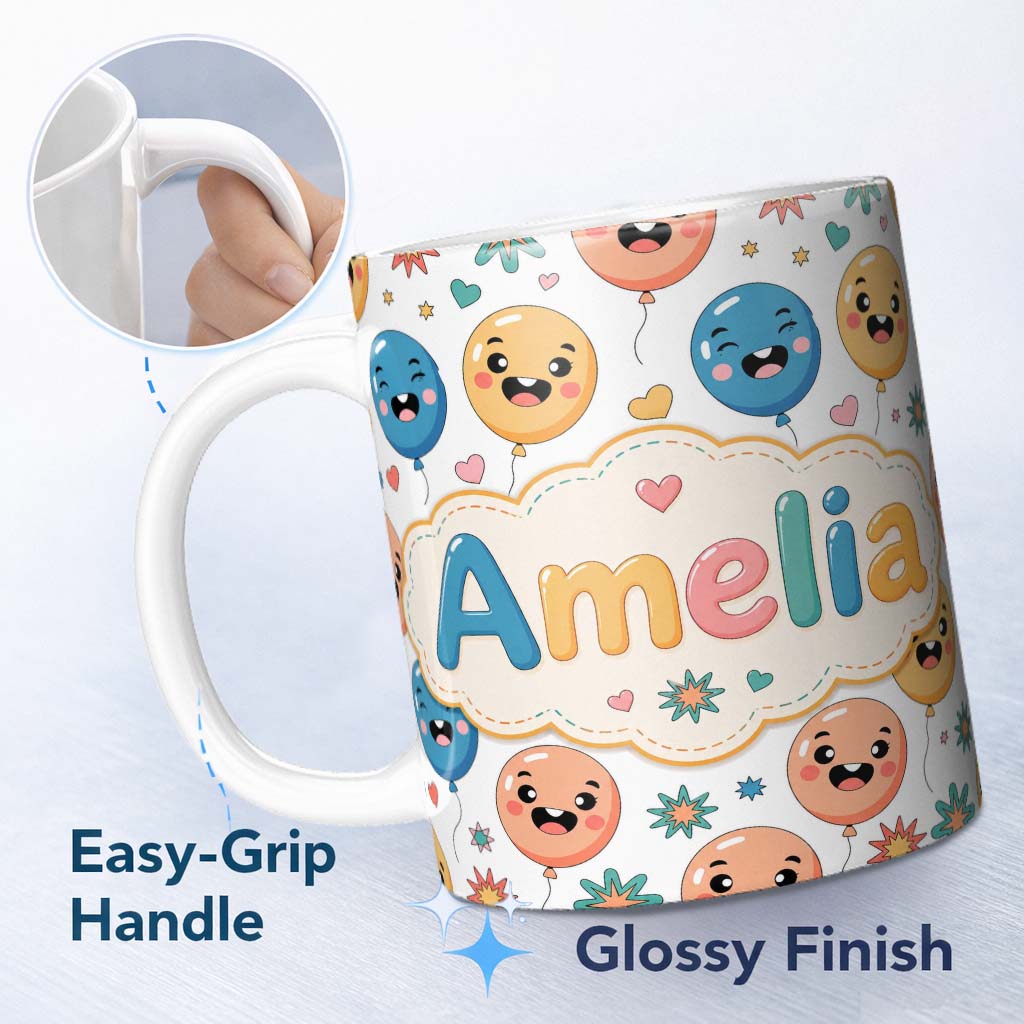 Personalized Custom Name Cute Smiling Balloons Hearts and Stars Fun Party Seamless Pattern 11oz Ceramic Coffee Tea Mug White Large Handle