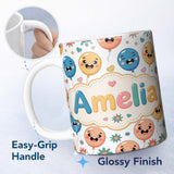 Personalized Custom Name Cute Smiling Balloons Hearts and Stars Fun Party Seamless Pattern 11oz Ceramic Coffee Tea Mug White Large Handle