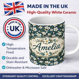 Personalized Custom Name Teal Background White Floral Botanical Pattern with Detailed Leaves 11oz Ceramic Coffee Tea Mug White Large Handle