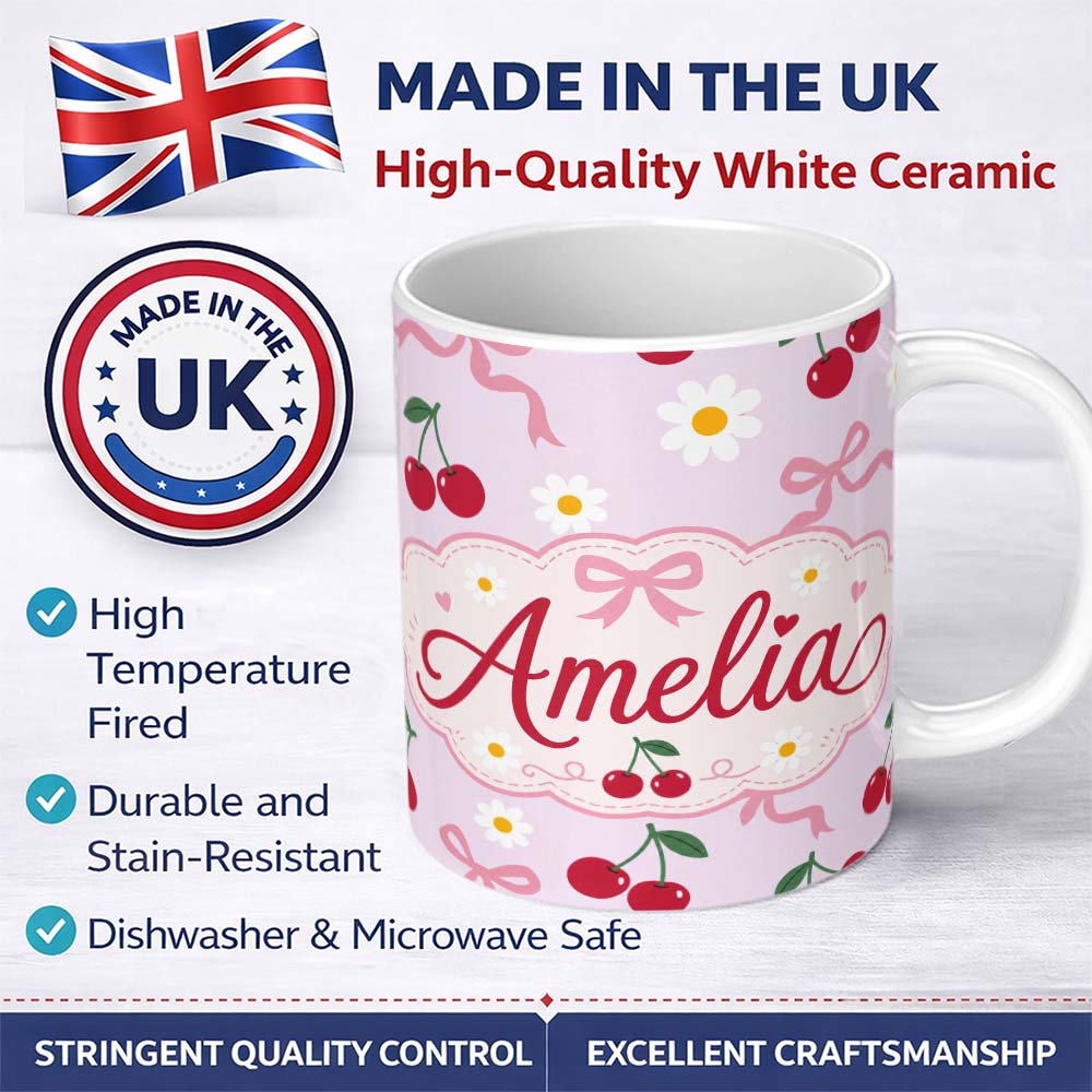 Personalized Custom Name Cute Cherry and Daisy Flowers with Pink Ribbon Bows Soft Lilac 11oz Ceramic Coffee Tea Mug White Large Handle