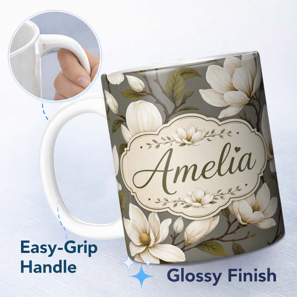 Personalized Custom Name Classic Magnolia Blossoms Botanical Illustration Seamless Pattern 11oz Ceramic Coffee Tea Mug White Large Handle