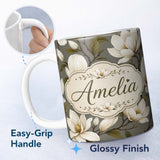 Personalized Custom Name Classic Magnolia Blossoms Botanical Illustration Seamless Pattern 11oz Ceramic Coffee Tea Mug White Large Handle