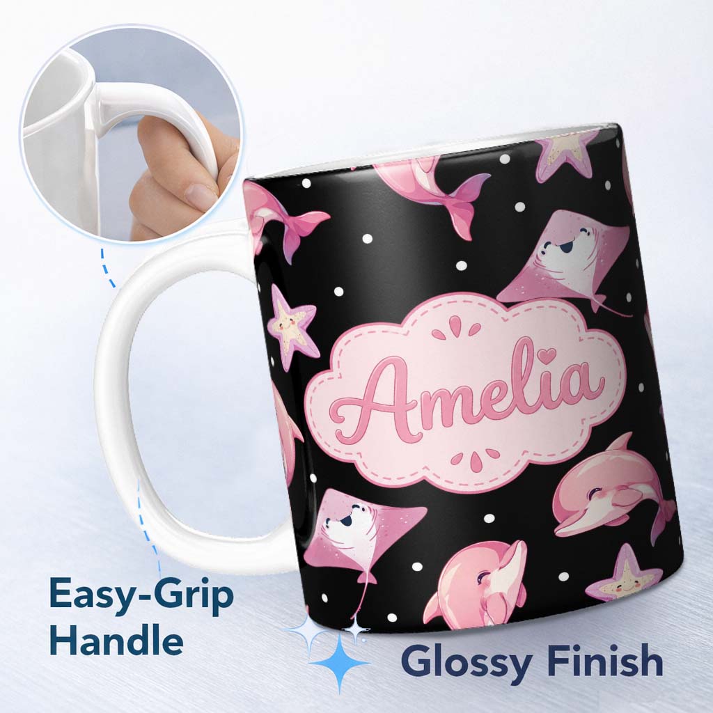 Personalized Custom Name Cute Pink Dolphins and Starfish Seamless Ocean Pattern Light Grey 11oz Ceramic Coffee Tea Mug White Large Handle